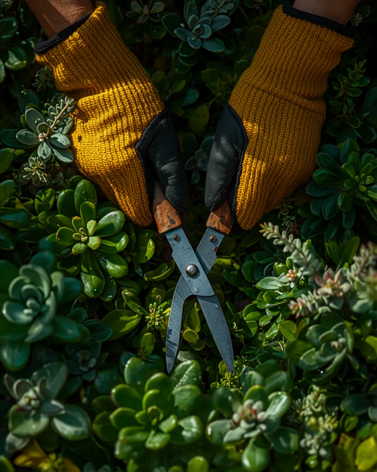 Manos con guantes de jardinería podando plantas