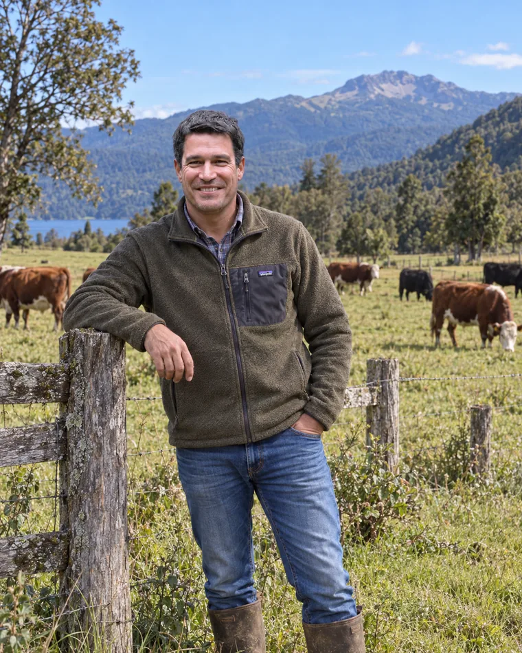 Felipe Bustamante en un campo con ganado, con el lago Rupanco al fondo