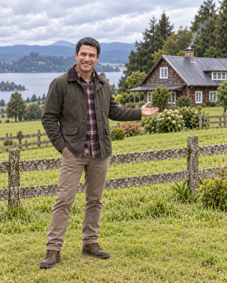 Felipe Bustamante frente a una cabaña de madera con el lago detrás