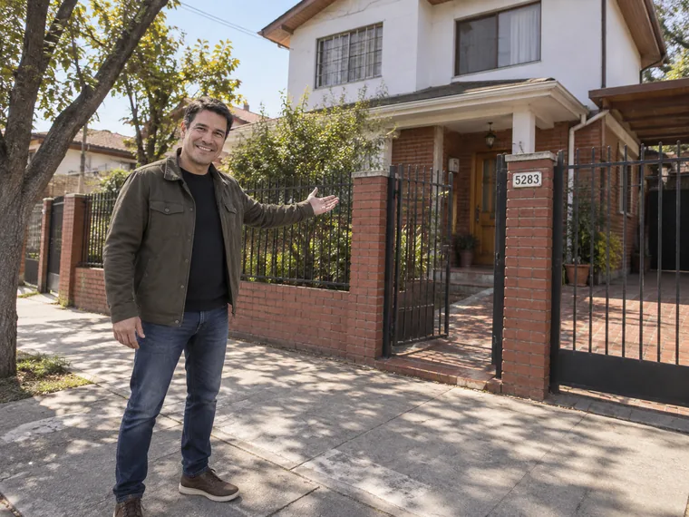 Felipe Bustamante frente a una casa de dos pisos en Conchalí